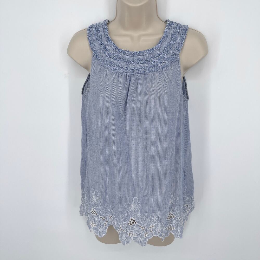 Studio M VINTAGE Blue White Stripe Cotton Embroidered Cutout Top Womens Sz XS